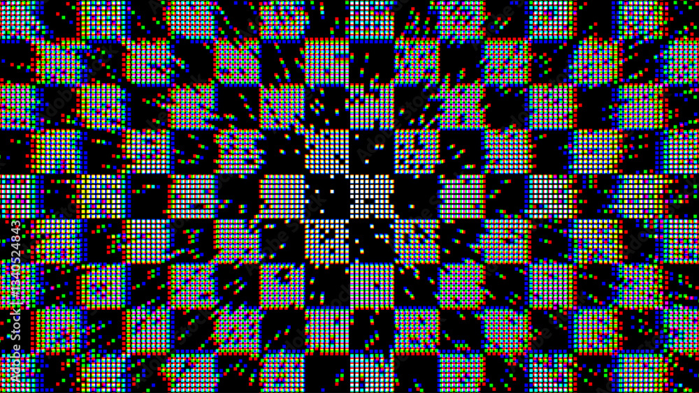Poster Y2K Pixels Glitch Effect Abstract Background. Glitched Stripes and Random Pixels Television Screen. Distorted Glitch Effect. NO SIGNAL TV Frame Vector.