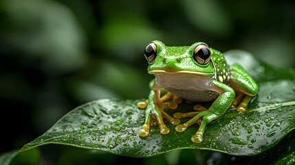 Naklejka premium Enchanting Glass Frog Resting on Leaf Revealing Transparent Anatomy in Stunning Nature Photography A captivating close up view of this delicate and rare amphibian species