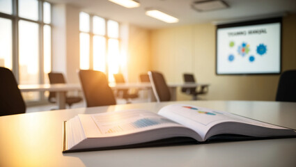  a training manual handbook lying open on a sleek modern desk. The softly blurred background showcases an office training room with rows of chairs.