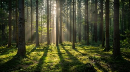 A dense forest with sunlight filtering through tall trees, casting soft shadows on the forest floor