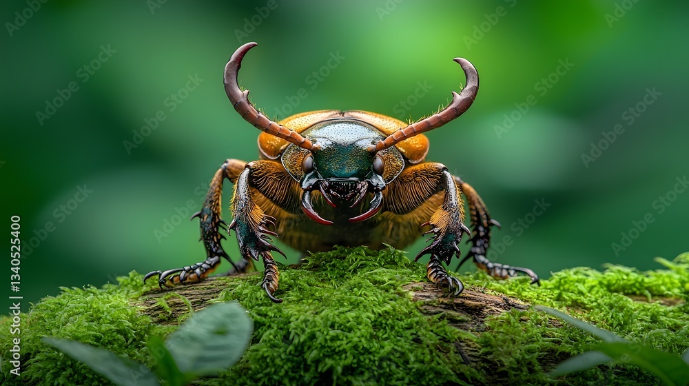 Poster a large hercules beetle gripping tightly onto a moss covered log its massive curved horn raised and 