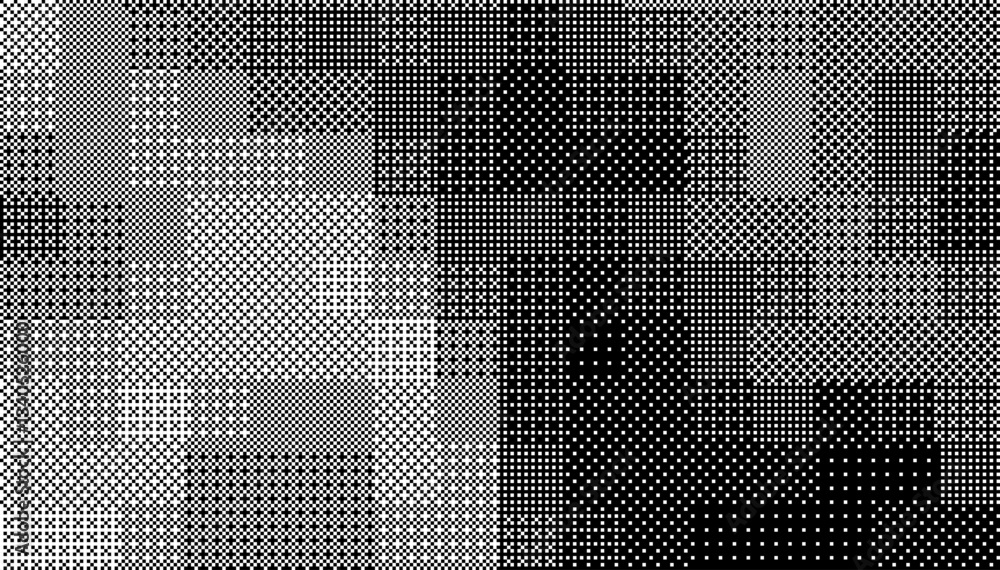 Poster Halftone Pixel Dithering Square Tiles Pattern. Vintage 1-bit Game Background. Vector Illustration. Pixel Halftone Bitmap Raster Effect.