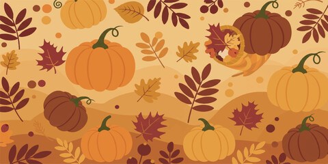 Fototapeta premium Festive Thanksgiving Vector Wallpaper with Pumpkins and Autumn Leaves