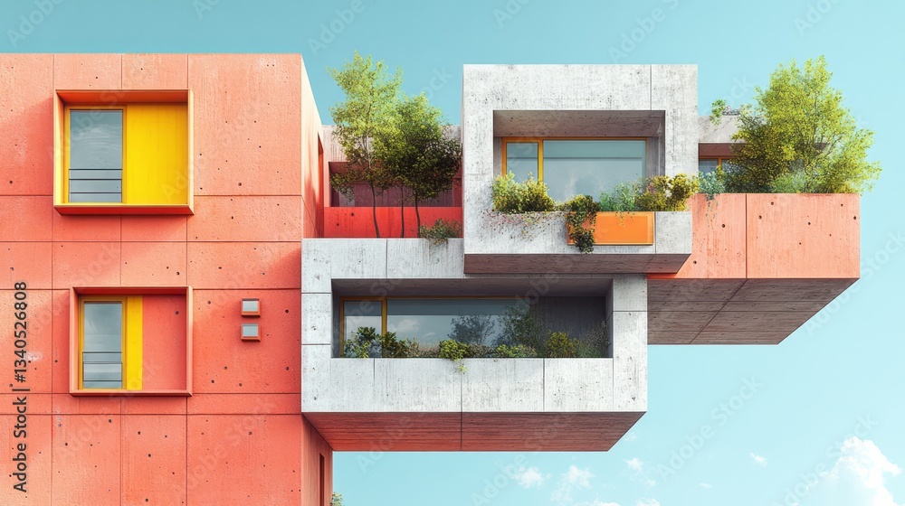 Poster abstract architecture showing a building with cantilevered balconies and vegetation