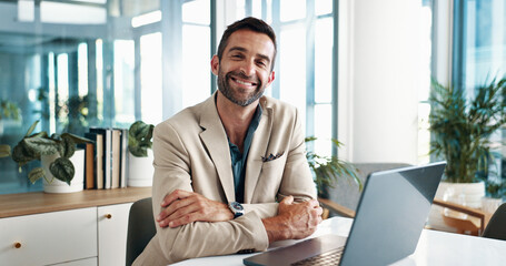 Business sustainability, man and laptop in office for environmental service and eco friendly NGO investor. Professional, employee and happy for project management, online planning and social impact