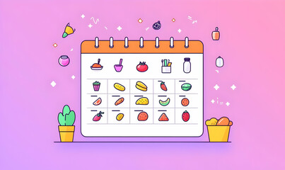 Colorful Food Calendar with Illustrations and Abstract Background