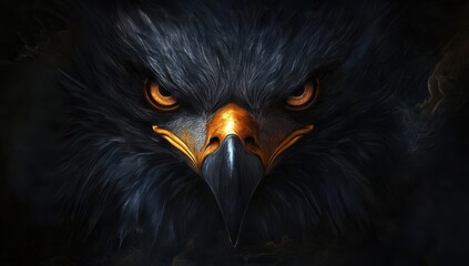 Fierce dark eagle face with intense golden eyes and sharp beak against a black background symbolizing power strength and wild nature