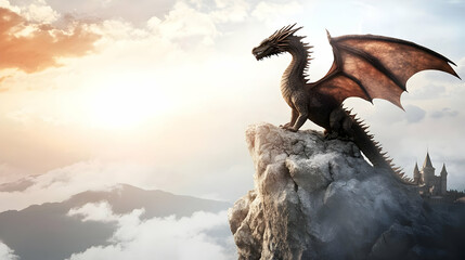 Obraz premium Majestic Dragon Perched on Rocky Cliff with Mountains in Background