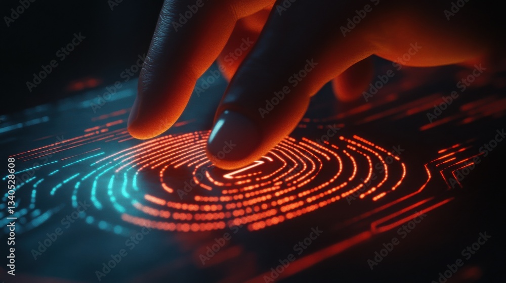 Poster a hand points to an rfid icon representing data security, identification, and system integration con