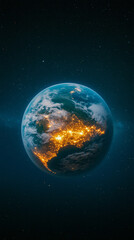 Obraz premium A stunning view of Earth from space, showcasing vibrant city lights illuminating the continents against a dark starry background. The image captures the planet's beauty and vastness.