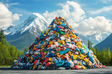 A massive mountain of colorful plastic waste, with the Himalayas in the background