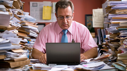 A photograph of an overweight man in his mid-50s sitting at a desk, surrounded by stacks and piles of papers on all sides, typing away on a laptop computer. He is wearing a pink sh