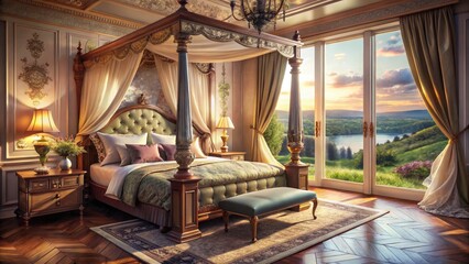Luxurious Four-Poster Canopy Bed Bedroom Landscape Photography - AI Generated Image