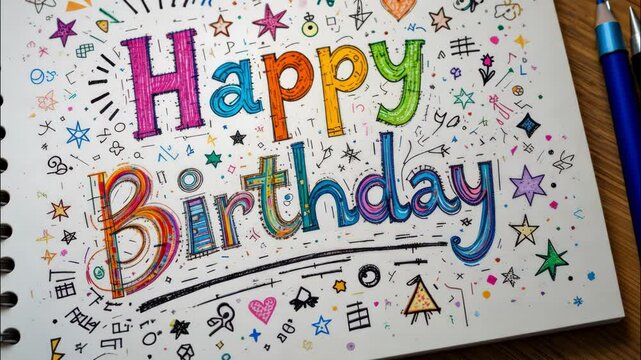 Happy birthday hand drawn colorful doodle illustration with artistic decorations on notebook paper creating a fun and festive celebration vibe. 