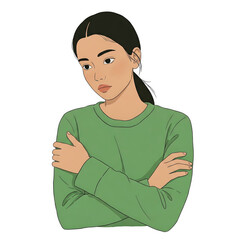 a girl looking sad or worried with her arms crossed, green sweater and dark hair