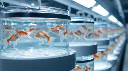 A photograph of fish in an artificial environment, suspended inside white circular tanks filled with water and lined up side by side. The scene is set at the end point for animal p