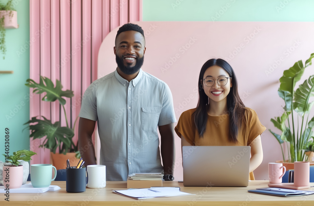 Poster man and woman smiling while working at desk with laptops and plants in colorful office