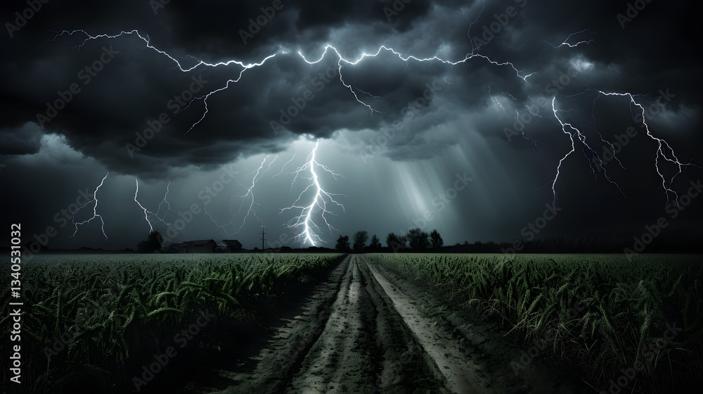 Poster dramatic lightning storm over a vast corn field captured as a visual representation of field theorie