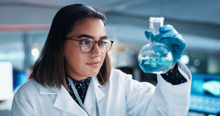Chemical liquid, woman and scientist with beaker in laboratory for pharmaceutical experiment or...