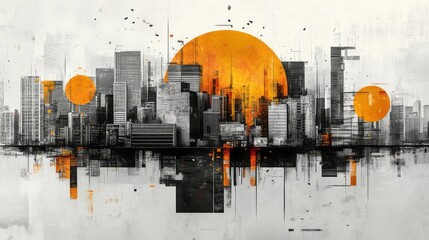 Abstract cityscape artwork features skyscrapers and bright orange suns