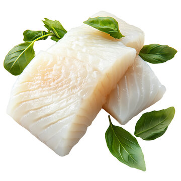Rosinante's White Fish Fillet with Green Leaves, isolated on a transparent background 