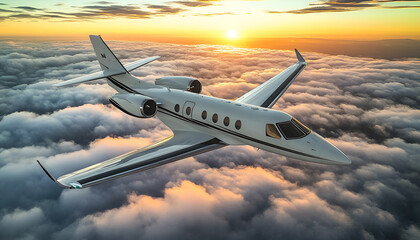 Private jet plane flying above clouds in beautiful sunset light. Modern and fastest mode of transportation, business life.