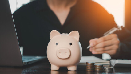 Concepts of saving money and financial planning. Men manually manage budgets to save expenses and savings. earnings, financial, loan, economic, finance, wealth, piggy bank, assurance, future.