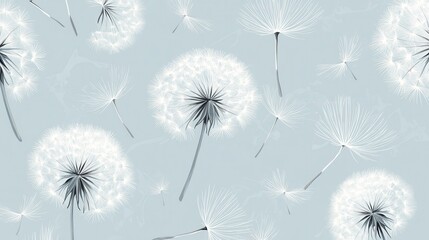 Hand drawn vector pattern featuring flying dandelion seeds Delicate pastel colors create a repeatable design with white seeds on a light blue background and gray seeds on a light gray layout illustra