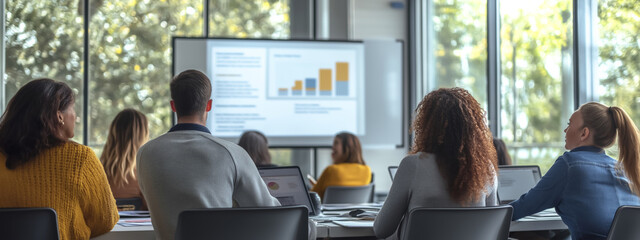 diverse group of professionals office setting attentively listens to presentation, with focus screen displaying bar graph. room is bright and modern, with large windows allowing natural light