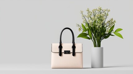 Stylish Beige Handbag Next to Modern White Vase Filled with Fresh Greenery on Minimalist Background