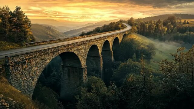 Majestic arch bridge at sunset overlooking rolling hills and valleys