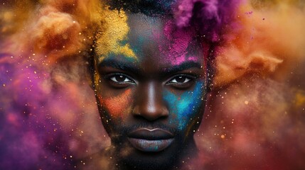 AI Generated Image. African man face surrounded by colorful powder paint explosion