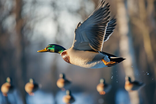 A realistic photo of a mallard duck in flight, over an aerated decoy spread on the shore with other ducks laying down in the background