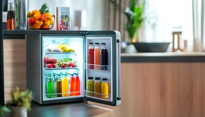 Mini refrigerator with different drinks and snacks indoors