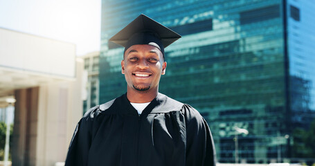 City, graduation and portrait of black man student outdoor for celebration or education event....