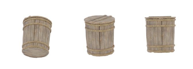 Three Light Brown Wooden Barrels with Ropes, Different Views, Isolated, png, transparent