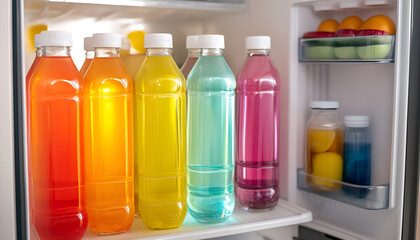 Mini refrigerator with different drinks and snacks indoors