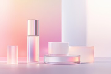 Smart skincare lab with AI-driven molecular fusion tanks, nano-particle serums being formulated in floating glass vials, soft holographic ingredient breakdowns