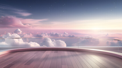 Stunning balcony view overlooking a vibrant sky filled with clouds and the expansive horizon of the flat universe beyond.