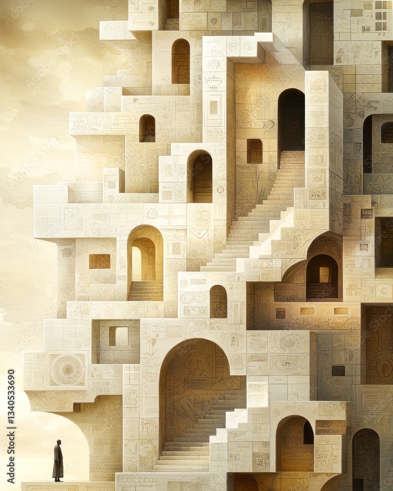 Poster exploring an abstract maze of stairs and archways surreal landscape digital art dreamlike atmosphere