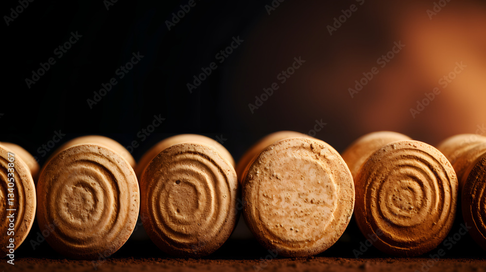 Poster unique row of wine corks arranged in a creative manner with a background resembling fossil remnants 