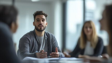 group of people are sitting office discussing project. focus is man speaking, with others attentively listening. setting is modern and professional, suggesting collaborative work environment