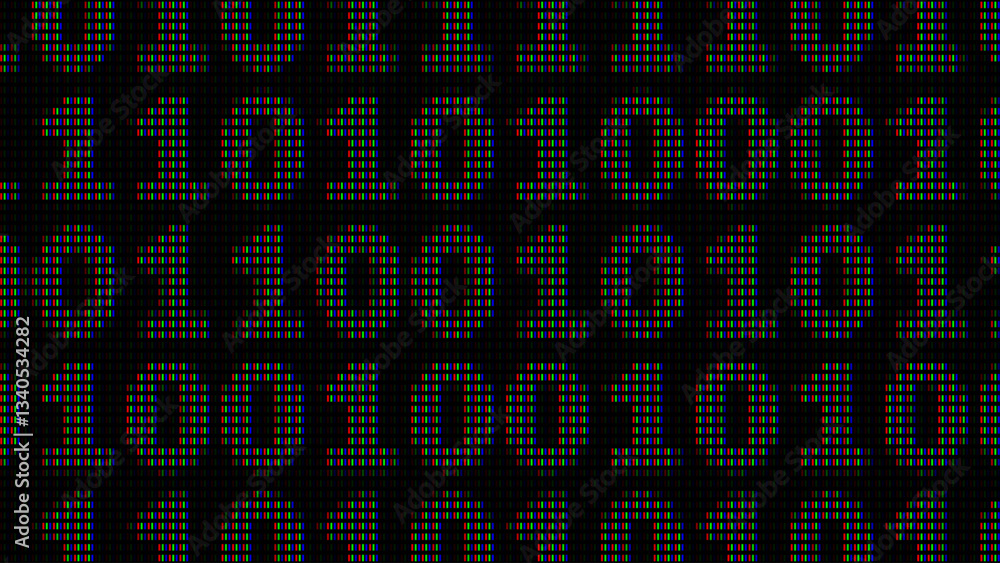 Fototapete Display of Binary Numbers on Monitor with Close Up Shot Effect with Visible Red Green Blue Pixels. RGB LED Display Pixels Effect. Digital Technology Machine Code Background. Vector Illustration.