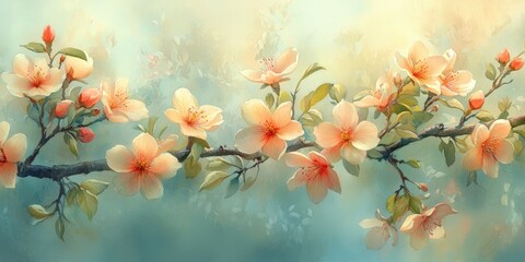 Delicate pear blossoms bloom with pristine white and soft pastel hues against a gentle spring backdrop, evoking a sense of freshness and nature's beauty