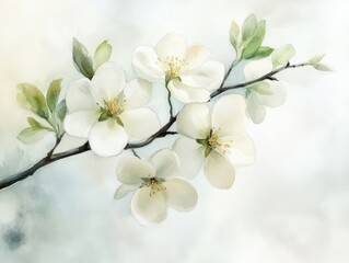 Obraz premium Soft watercolor illustration showcases blooming pear blossoms with white and pastel flowers, symbolizing the arrival of spring. Ideal for nature-inspired decor and designs