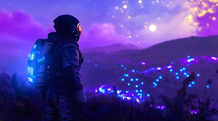 Astronaut stands on alien planet bathed in purple moonlight
