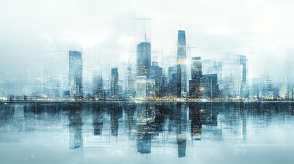 Fototapeta premium Blue tinted cityscape reflected in water with ethereal atmosphere