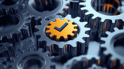 A series of interconnected gears with a prominent gear displaying a checkmark, symbolizing precision, collaboration, and reliability in mechanical processes. illustration