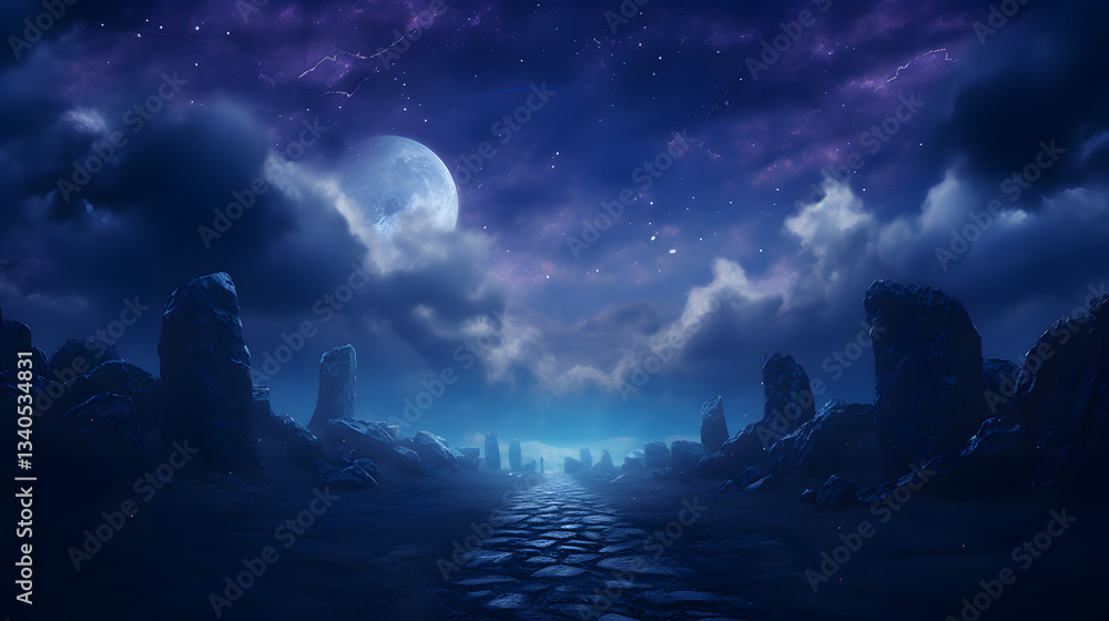 Poster dark, cloudy, and starry landscape featuring unique rock formations resembling fossils in space crea