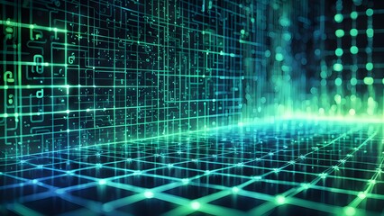 An abstract image depicting a futuristic digital grid glowing green blue lines, creating a modern technological background.